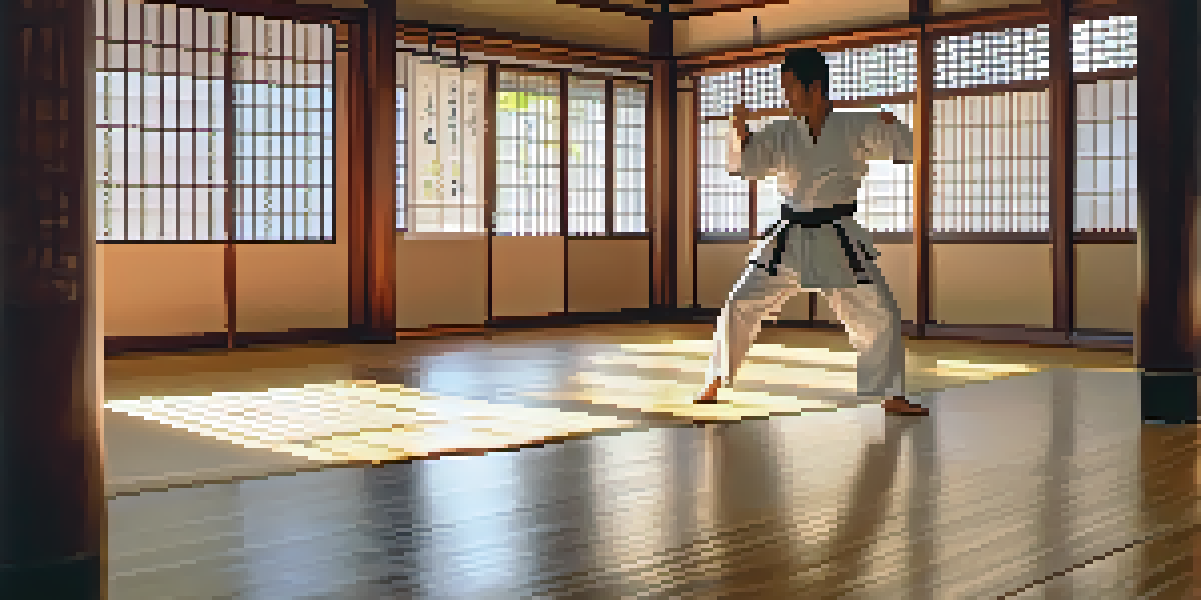 A martial artist practicing a kick in a tranquil dojo filled with sunlight and decorated with martial arts posters.