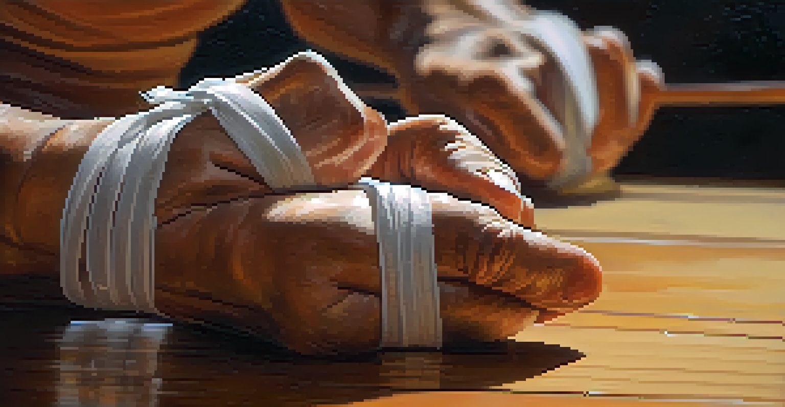 Close-up of a martial artist's hands wrapped in tape, ready for training, highlighting strength and resilience.