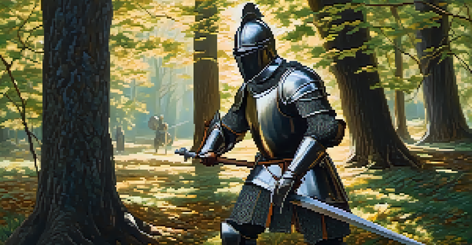 A medieval knight practicing swordsmanship in a forest clearing, showcasing detailed armor and sunlight filtering through the trees.
