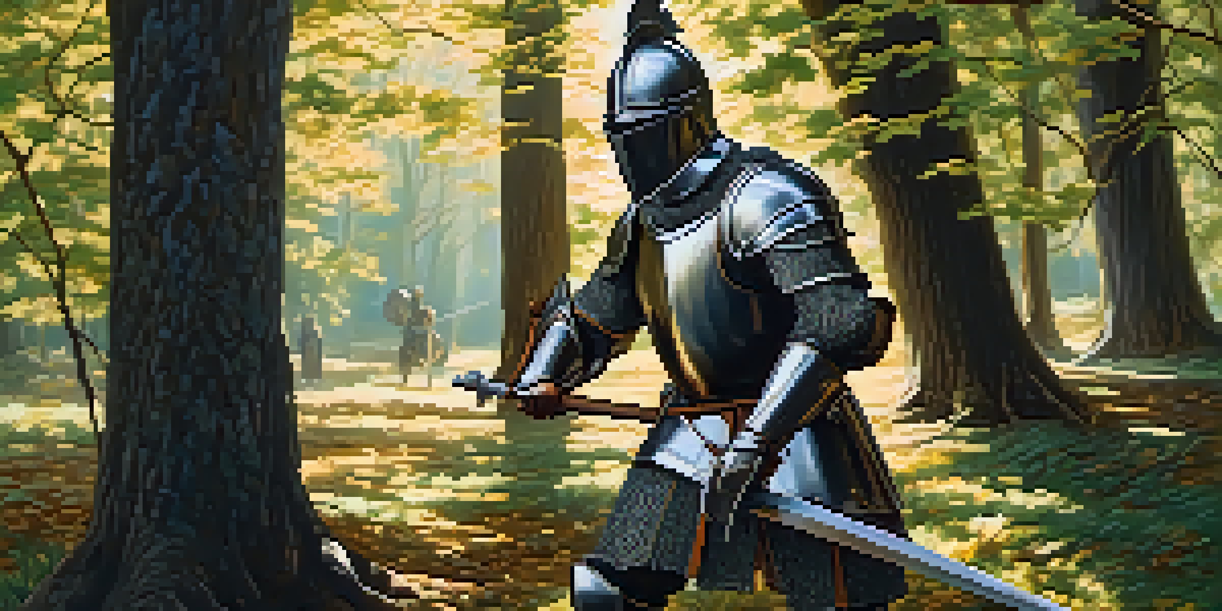 A medieval knight practicing swordsmanship in a forest clearing, showcasing detailed armor and sunlight filtering through the trees.