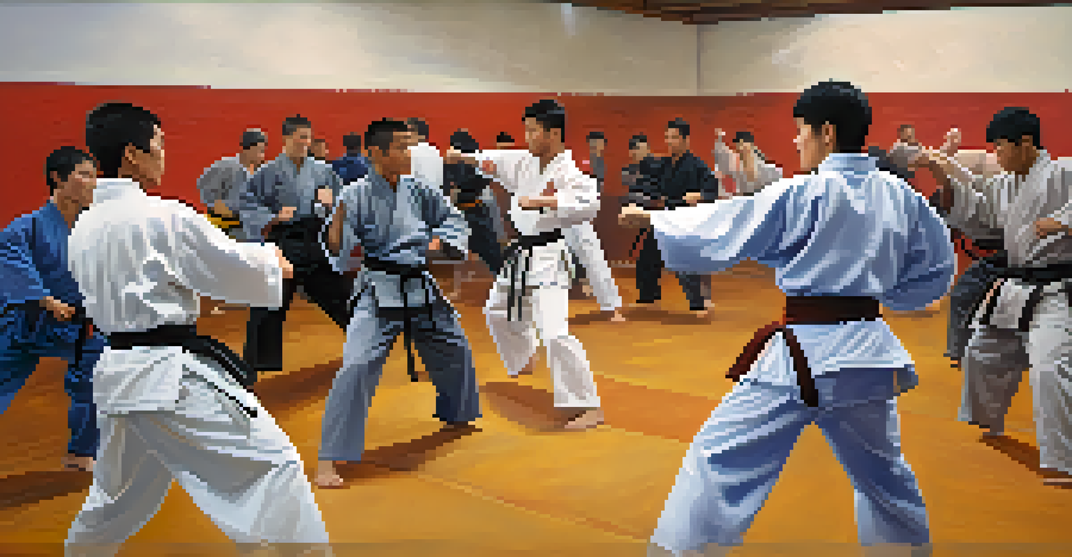 A group of martial arts students sparring in a vibrant training environment, showcasing teamwork and energy.
