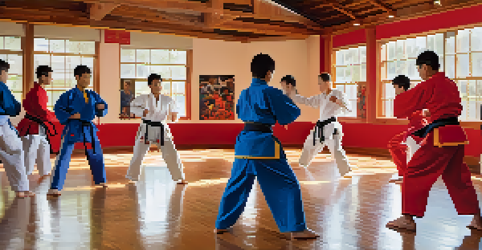 A diverse group of adults and children practicing martial arts in a bright community center, surrounded by large windows.