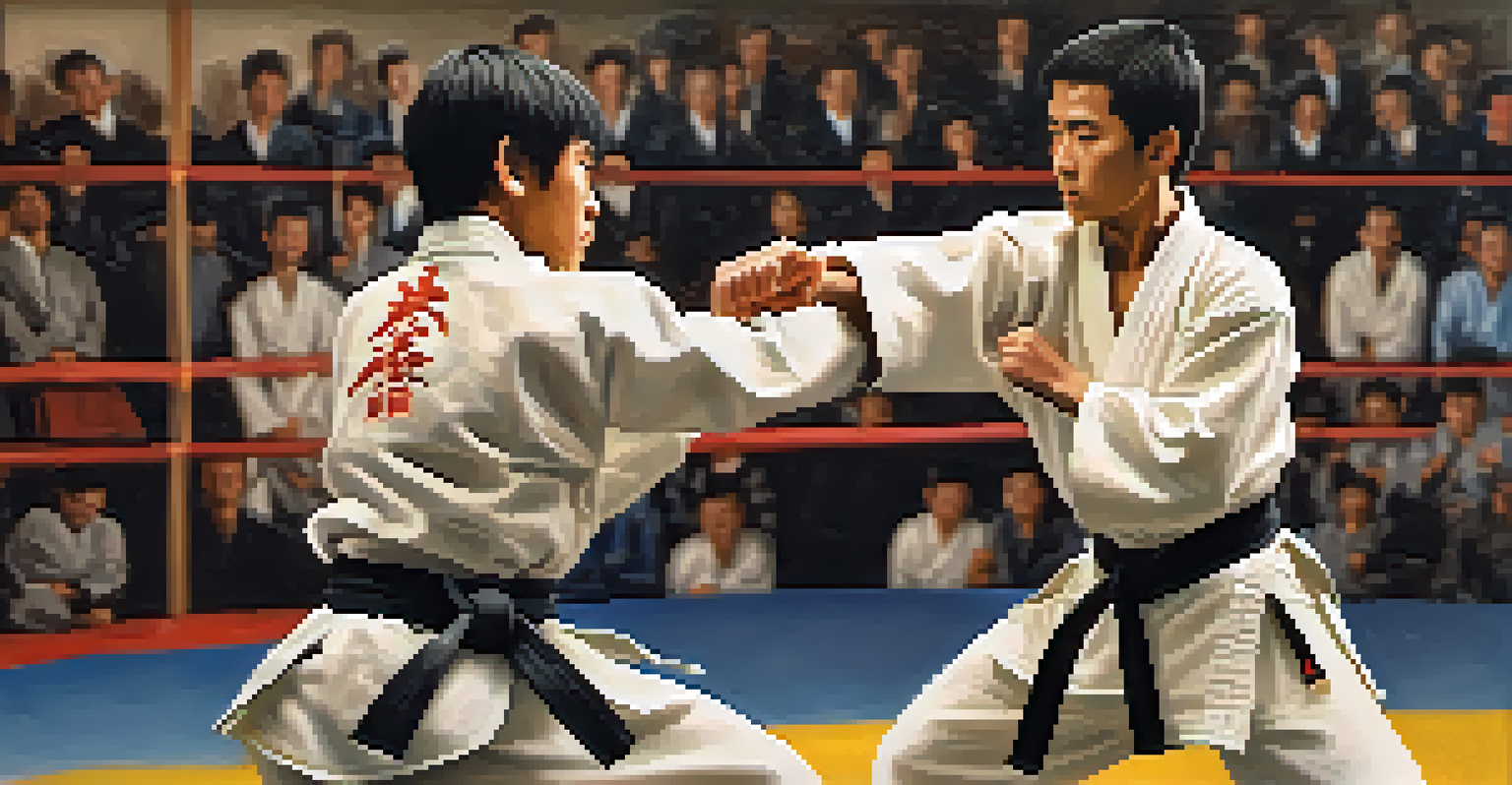 A close-up of two martial artists sparring, capturing their focus and determination in a dojo setting.