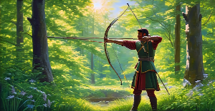 An archer practicing in a forest clearing, surrounded by trees and sunlight, in a focused stance with a longbow.