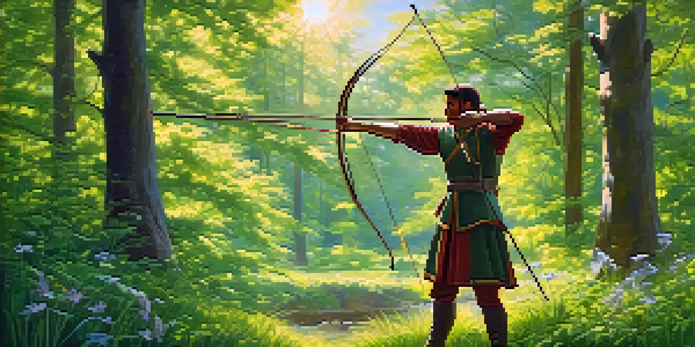 An archer practicing in a forest clearing, surrounded by trees and sunlight, in a focused stance with a longbow.