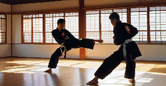 A martial artist executing a high kick in a bright dojo filled with natural light, with traditional decorations on the walls.