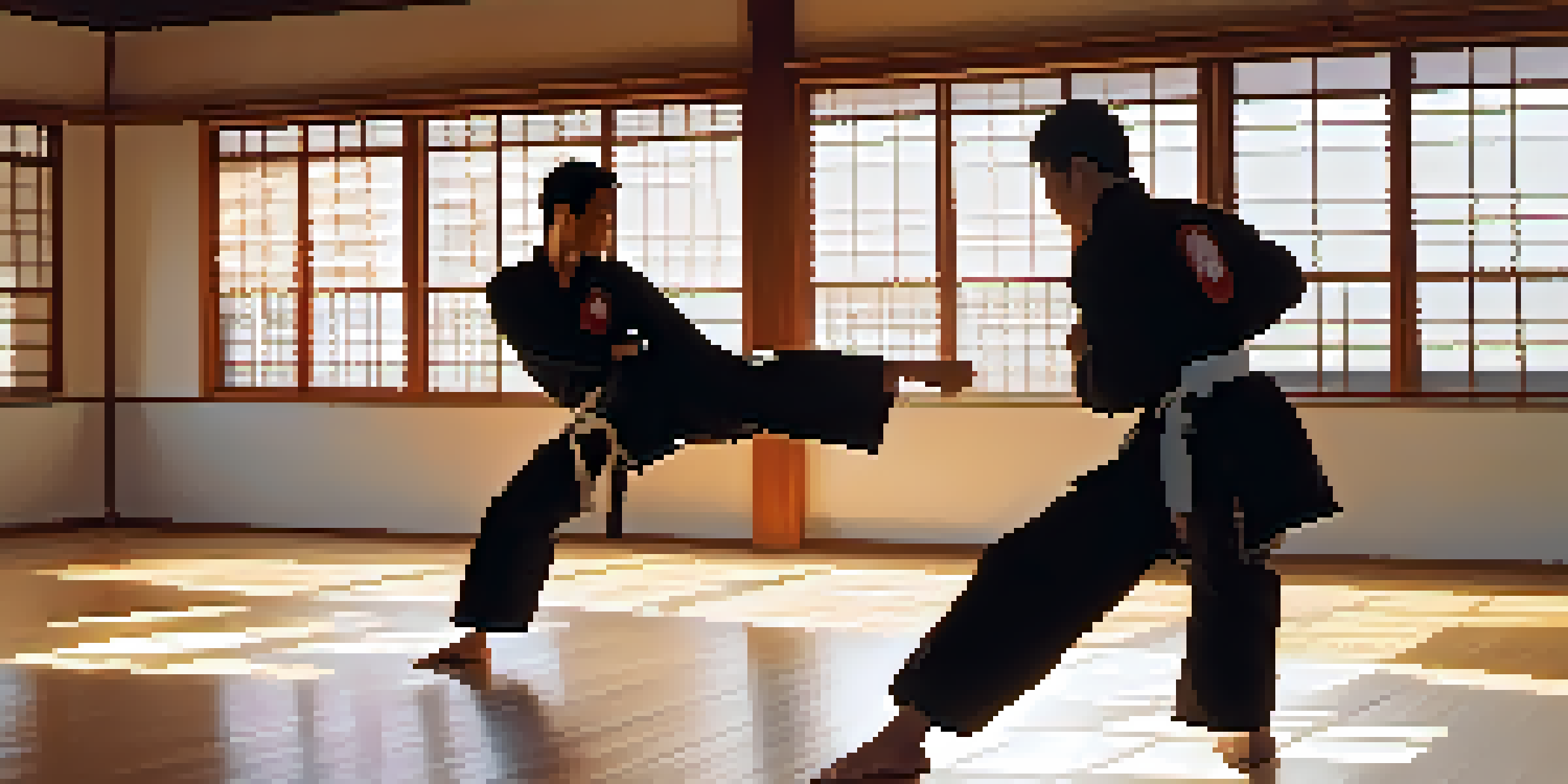 A martial artist executing a high kick in a bright dojo filled with natural light, with traditional decorations on the walls.