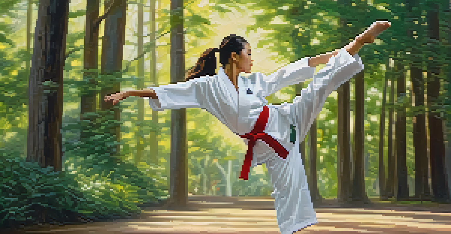 A close-up of a woman performing a high kick in a martial arts uniform outdoors, surrounded by greenery and sunlight.