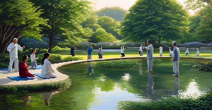 A diverse group of individuals practicing Tai Chi in a peaceful outdoor setting surrounded by nature in the early morning light.