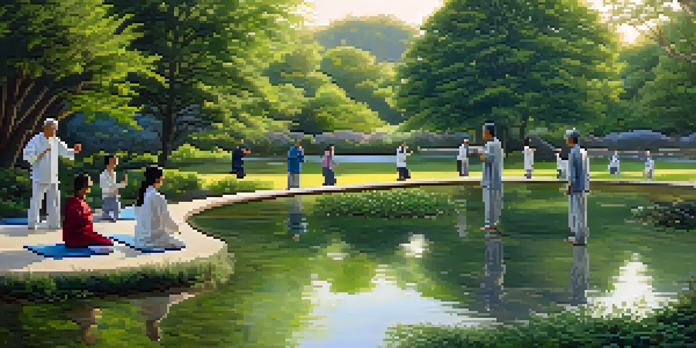 A diverse group of individuals practicing Tai Chi in a peaceful outdoor setting surrounded by nature in the early morning light.