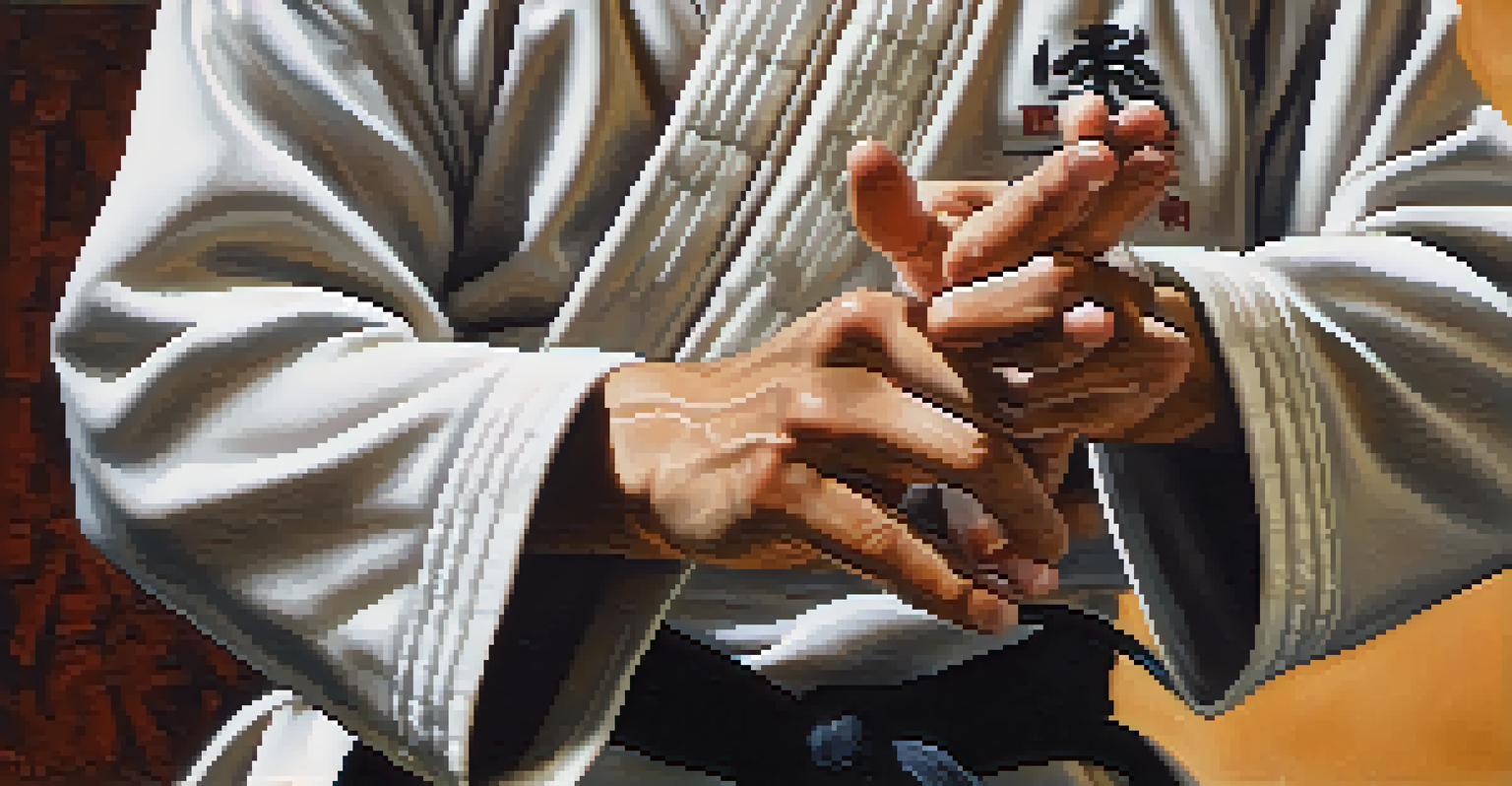 A close-up of a martial artist's hands performing a traditional gesture, with a blurred dojo background.