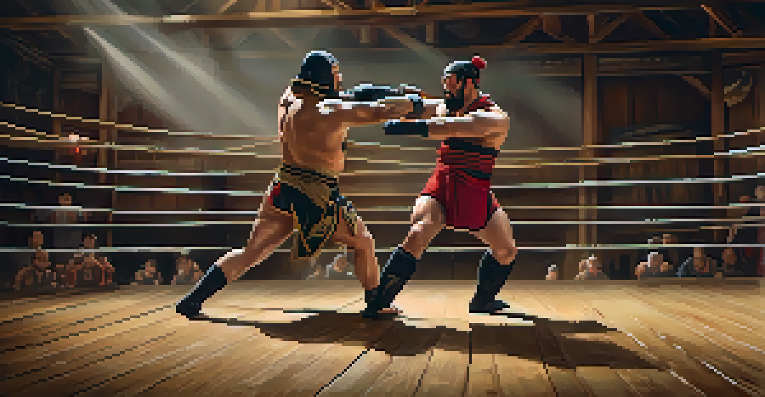 Two historical reenactors engaged in a grappling match in a rustic dojo, showcasing traditional wrestling techniques.