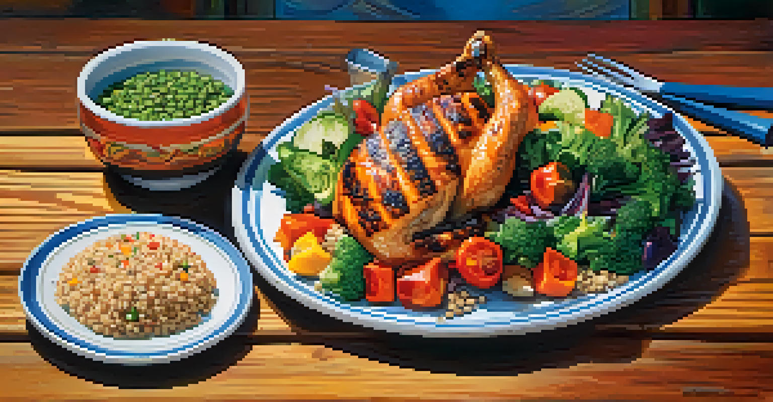 A close-up of a healthy meal for a martial artist, including grilled chicken, quinoa, and vegetables, with a protein supplement and water glass beside it.