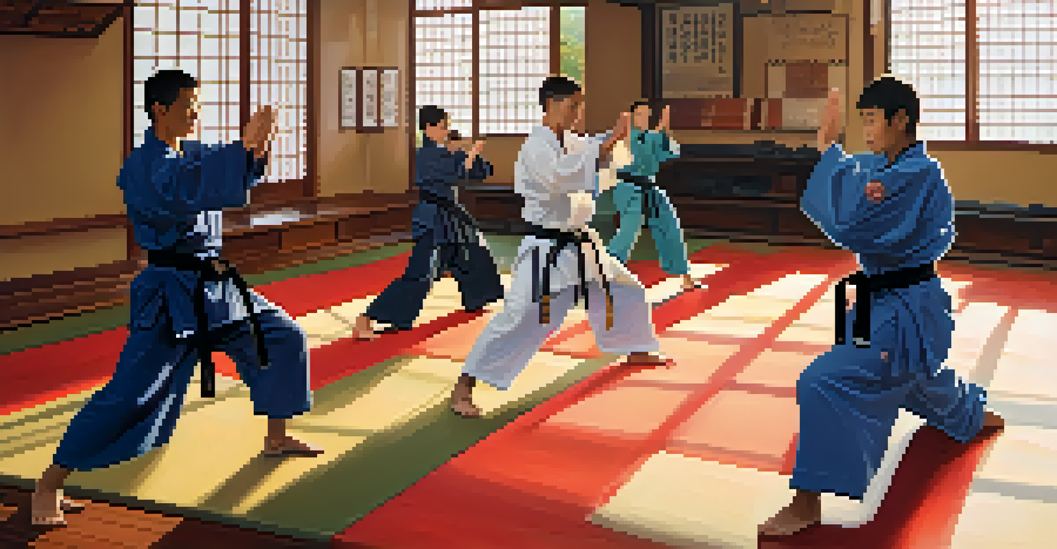 Martial arts students bowing to their instructor in a dojo, demonstrating respect and community.
