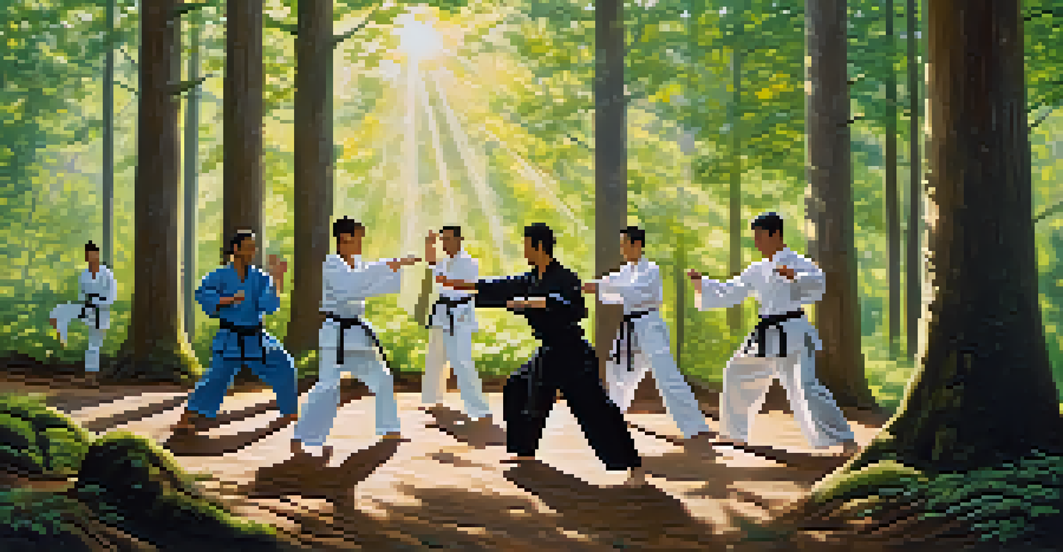 Martial artists practicing kata in a tranquil forest, with sunlight filtering through the trees, capturing the harmony between martial arts and nature.
