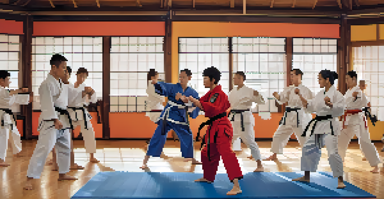A group of students sparring in a dojo, displaying energy and focus while wearing martial arts uniforms.