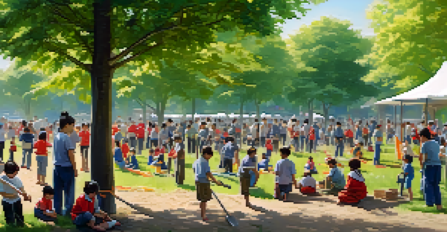 Families participating in a tree-planting event organized by a martial arts school in a sunny park, showcasing teamwork and sustainability.