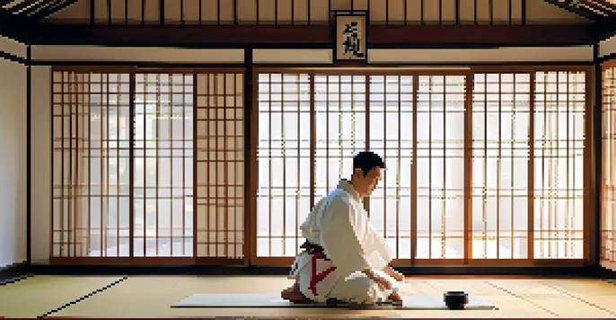 A peaceful martial arts dojo with a practitioner in a white gi performing a kata, illuminated by soft morning light.