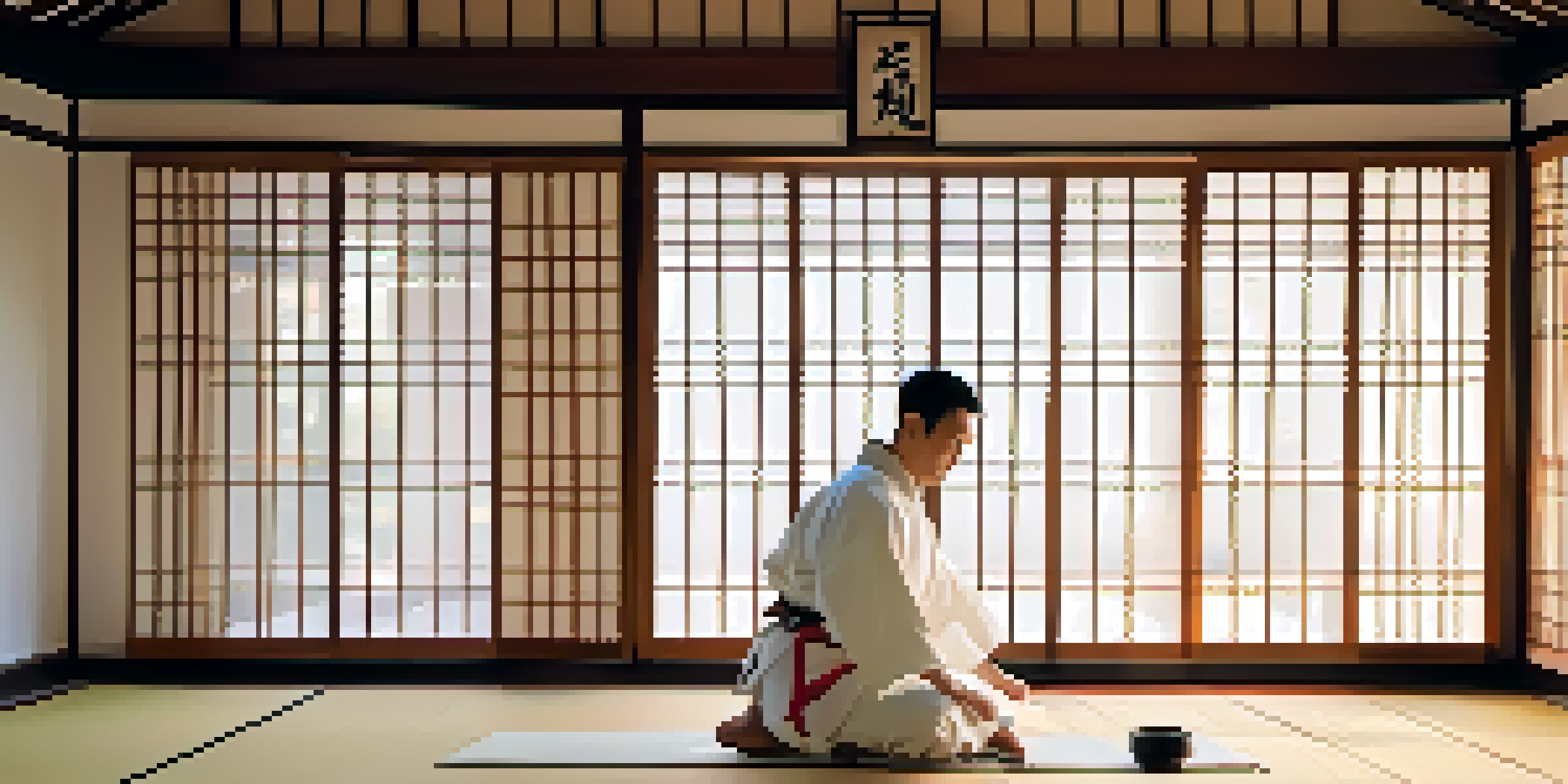 A peaceful martial arts dojo with a practitioner in a white gi performing a kata, illuminated by soft morning light.