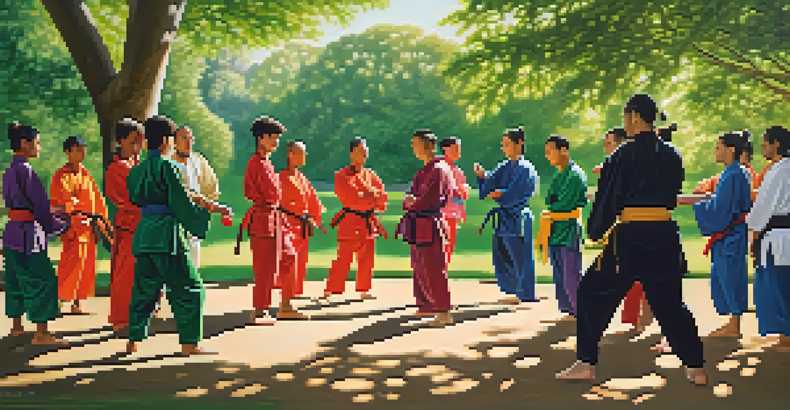 A diverse group of martial artists practicing in a park, surrounded by greenery and sunlight.