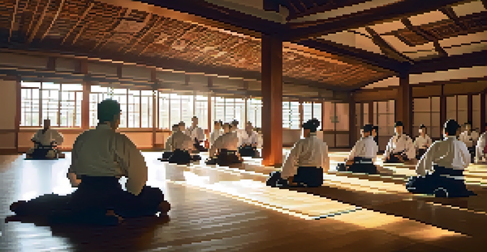 A diverse group of martial arts students training in a sunlit dojo, showcasing unity and discipline.