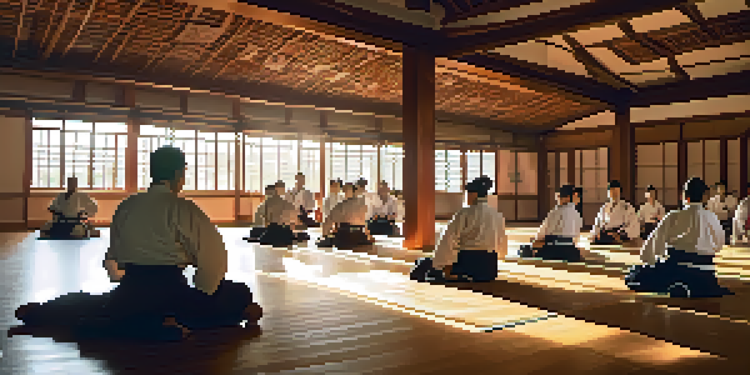 A diverse group of martial arts students training in a sunlit dojo, showcasing unity and discipline.
