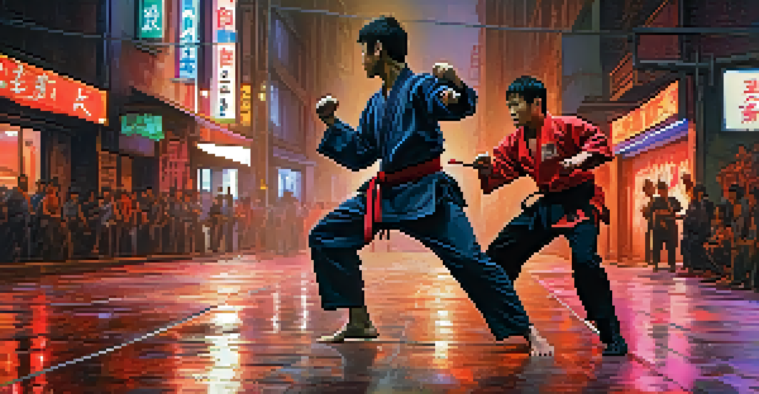 Two martial artists battling in a neon-lit urban alley, showcasing dynamic movements.