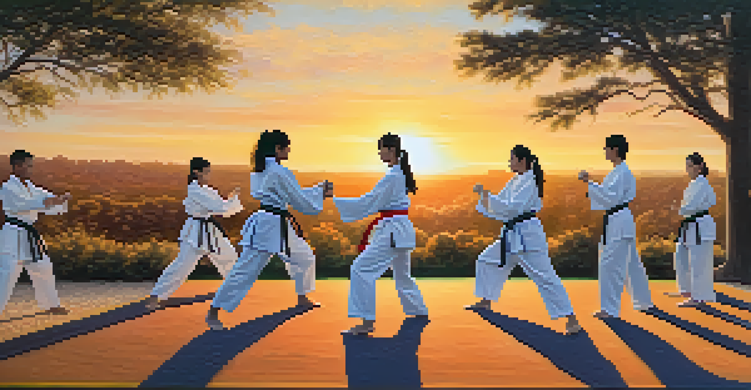 A group of women practicing martial arts outdoors at sunset, with warm colors in the sky and a tranquil park setting, emphasizing community and empowerment.