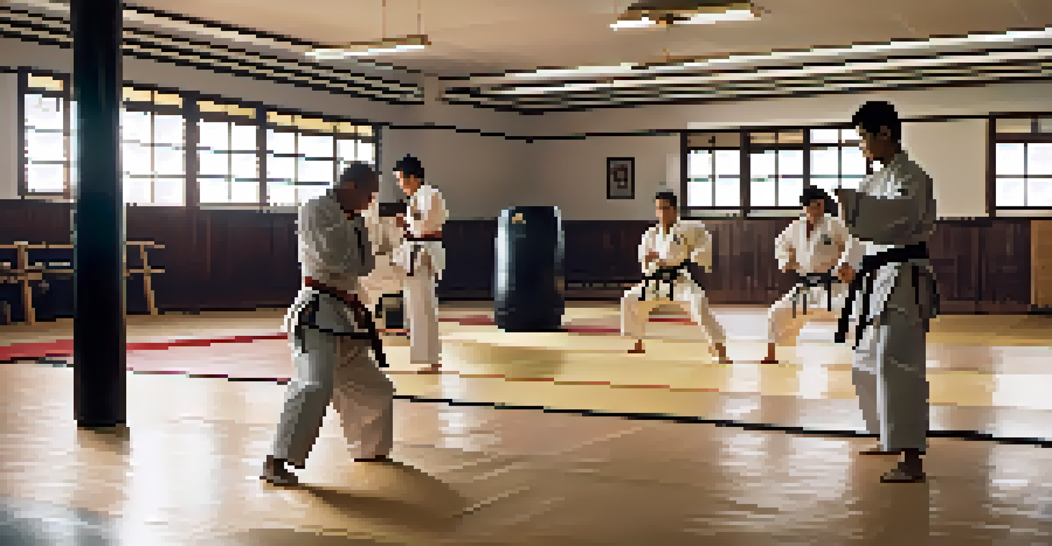 A martial arts instructor demonstrating a technique to students in a dojo, emphasizing respect and learning.
