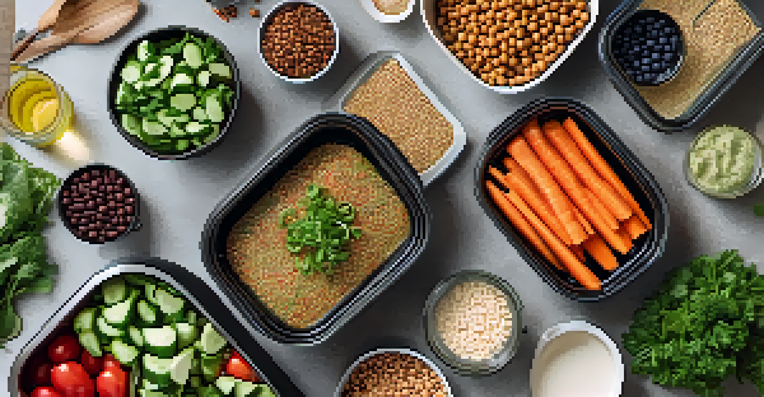 An overhead view of meal prep containers filled with plant-based foods on a kitchen countertop.