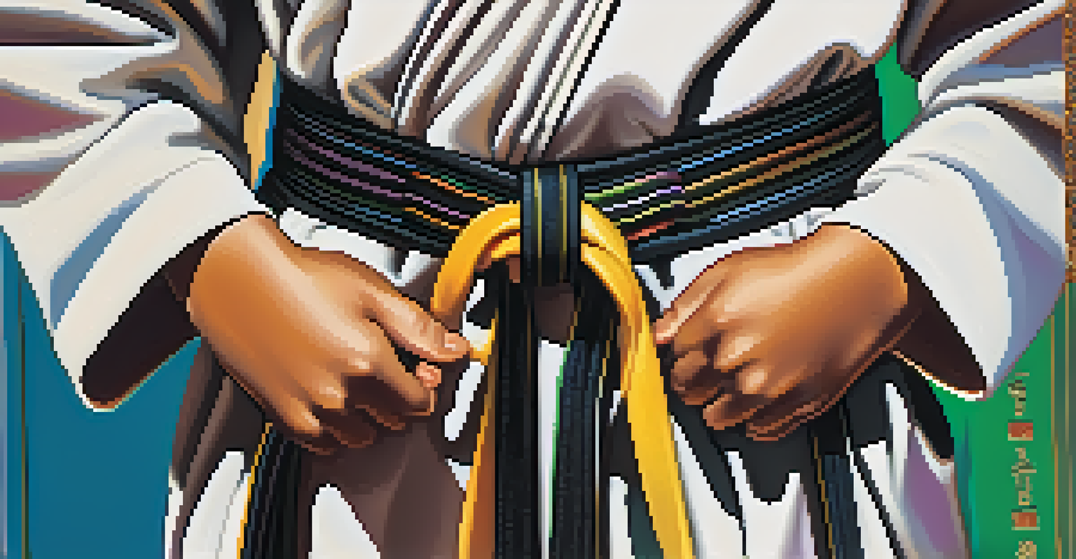 A child's hands tying a colorful martial arts belt, emphasizing respect and discipline.