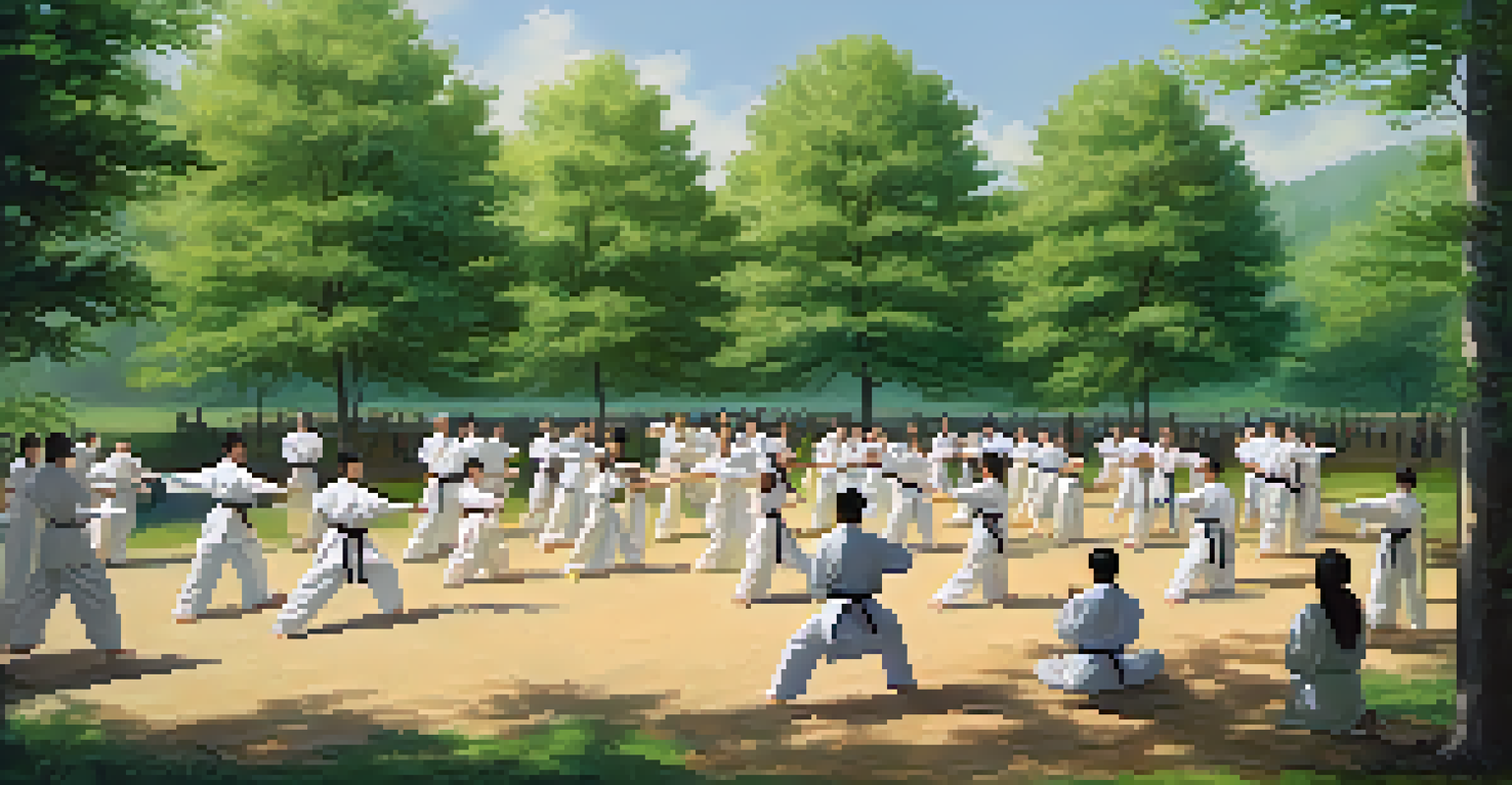 An outdoor martial arts training camp with participants engaged in practice and teamwork, surrounded by nature.