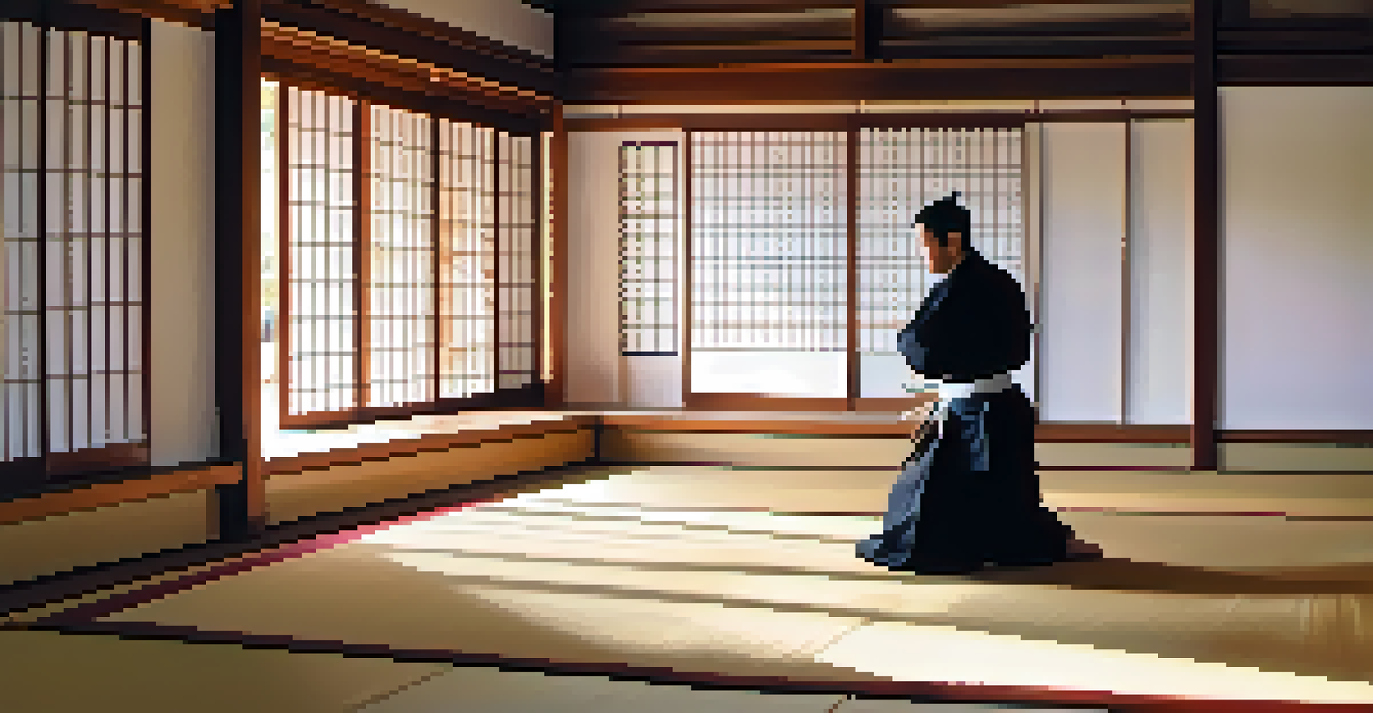 An Aikido dojo with wooden flooring and sunlight filtering through shoji doors, featuring a practitioner in a meditative pose.