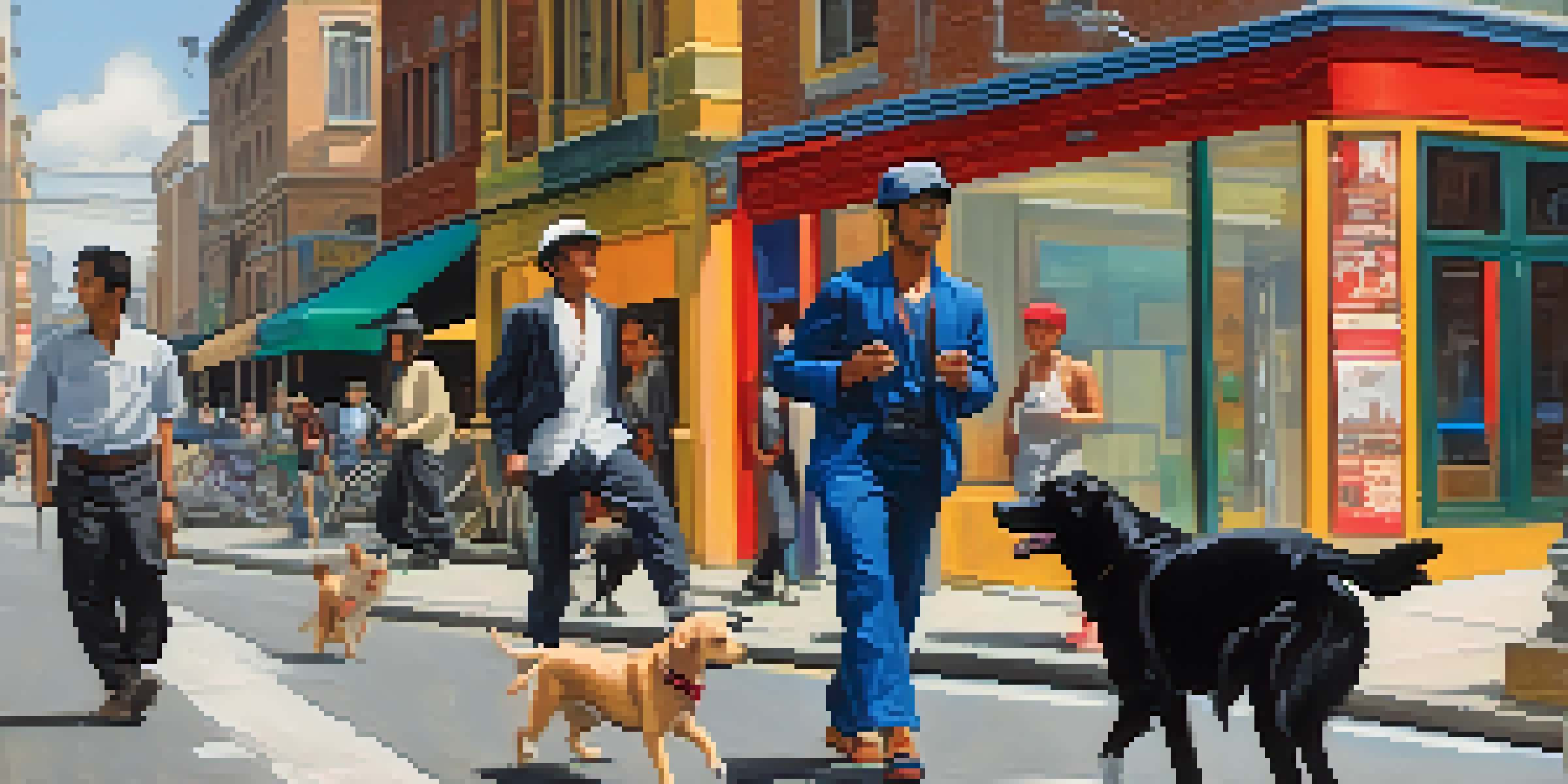 A martial artist walking in a busy street, showing awareness of the surrounding environment with cyclists and pedestrians.
