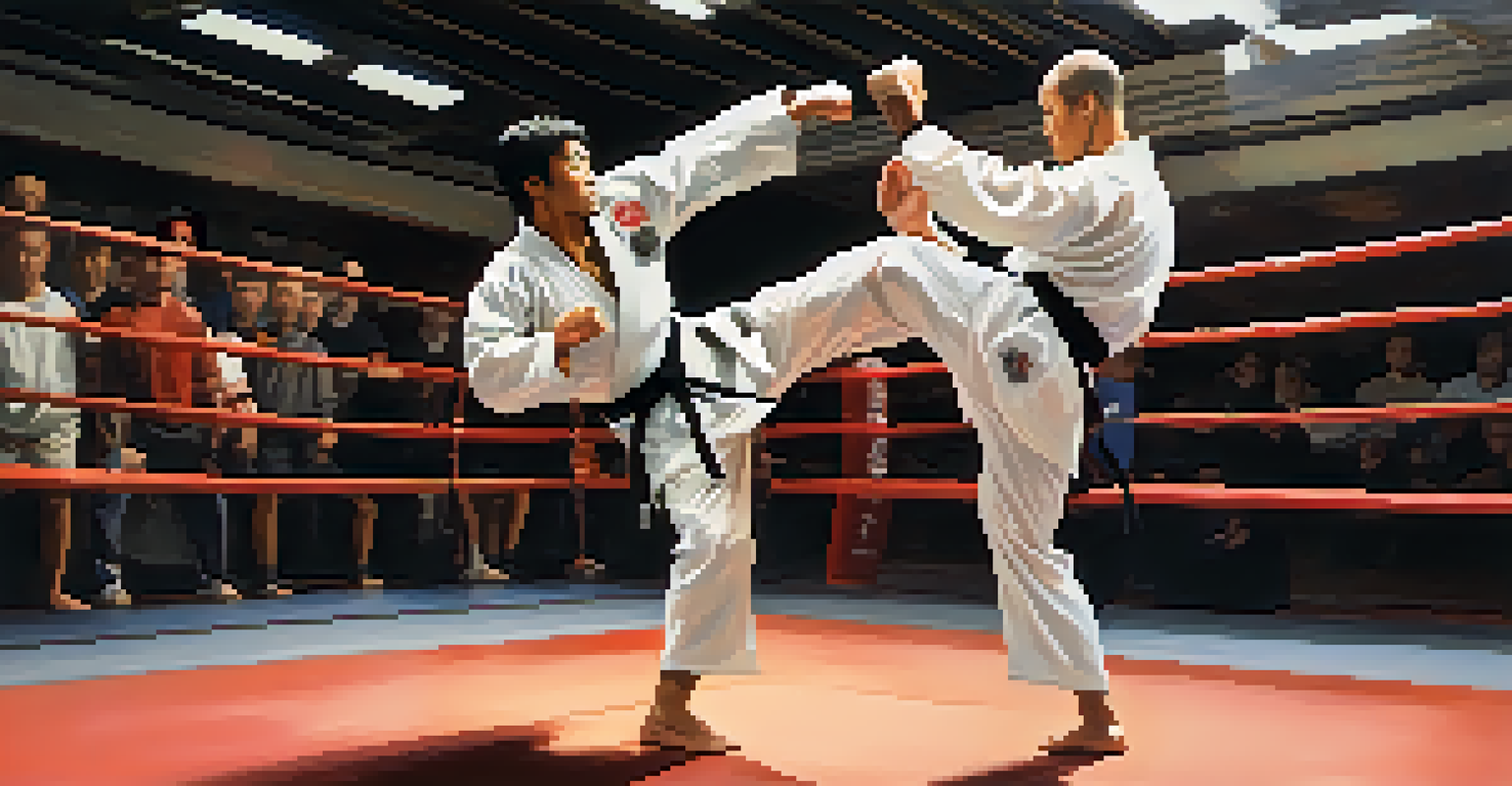Two martial artists sparring in a training environment, showcasing high energy and skill.