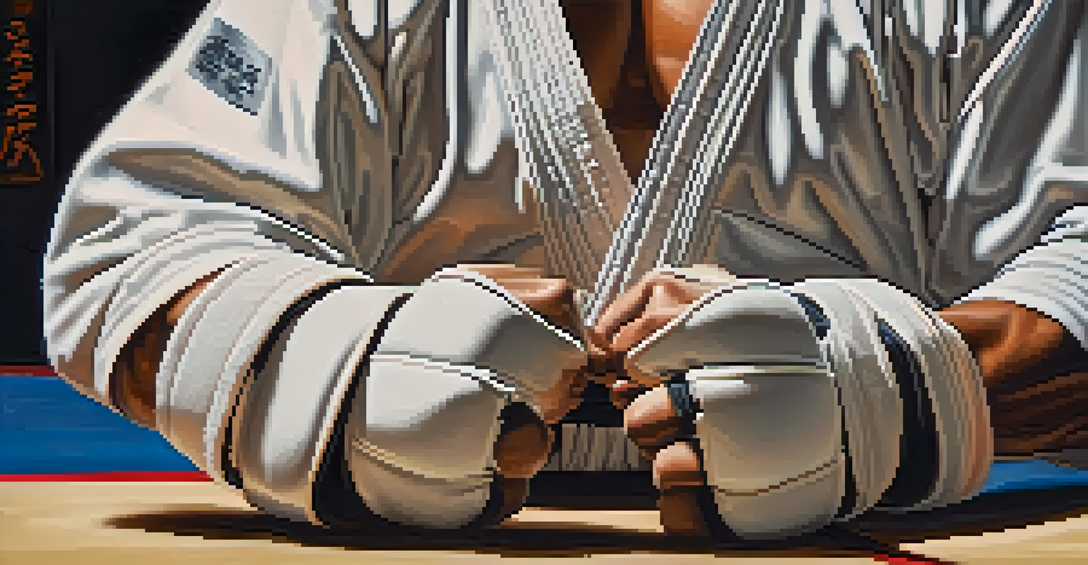 A close-up of a martial artist's gloved hands practicing strikes in a dojo setting.
