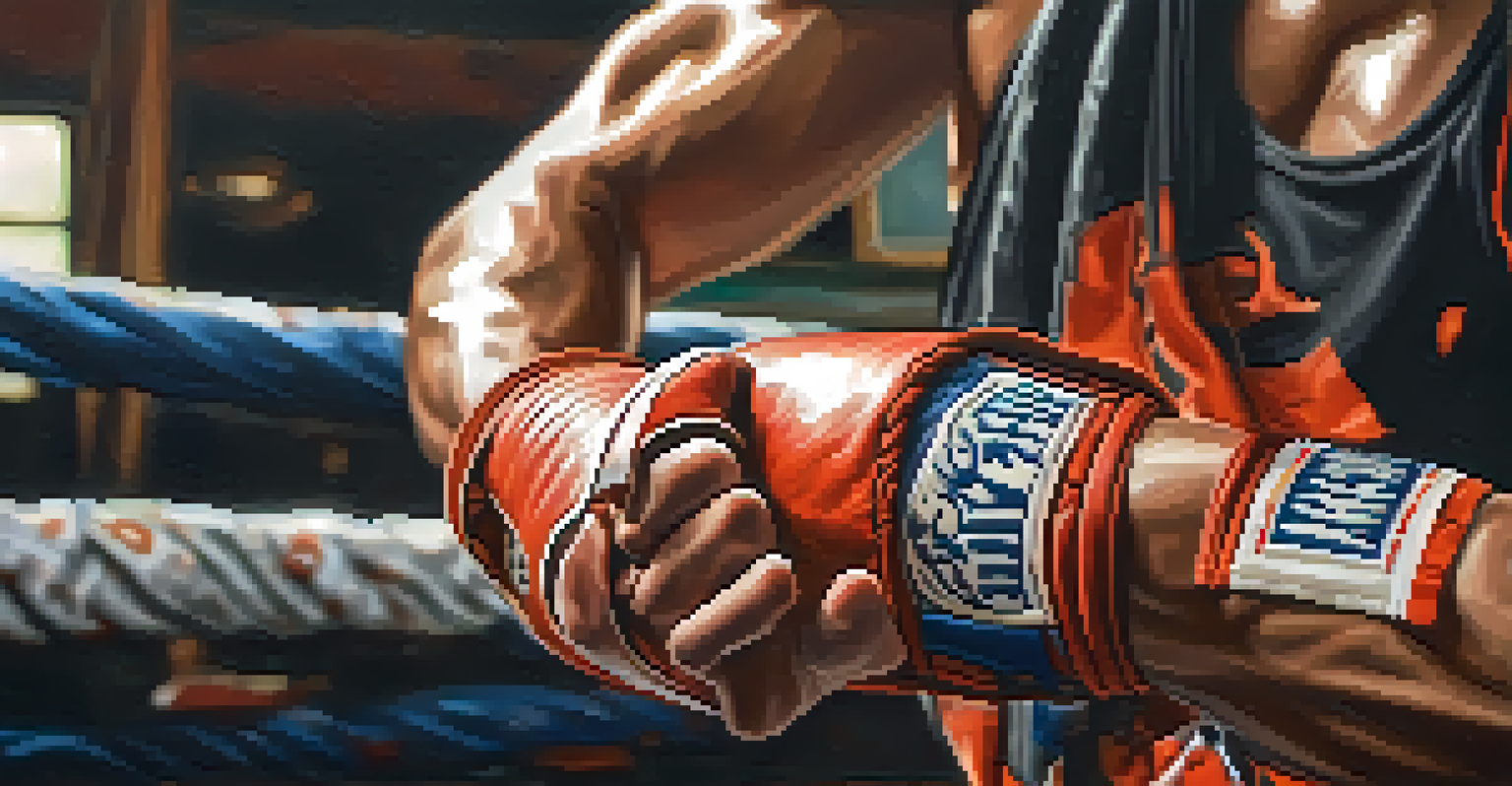 A close-up of a Muay Thai fighter's hands wrapped in hand wraps on a punching bag, highlighting the texture of the materials.