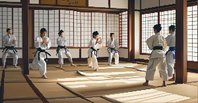 A tranquil dojo with wooden floors and natural light. An instructor demonstrates a martial arts pose, while students of various backgrounds practice.