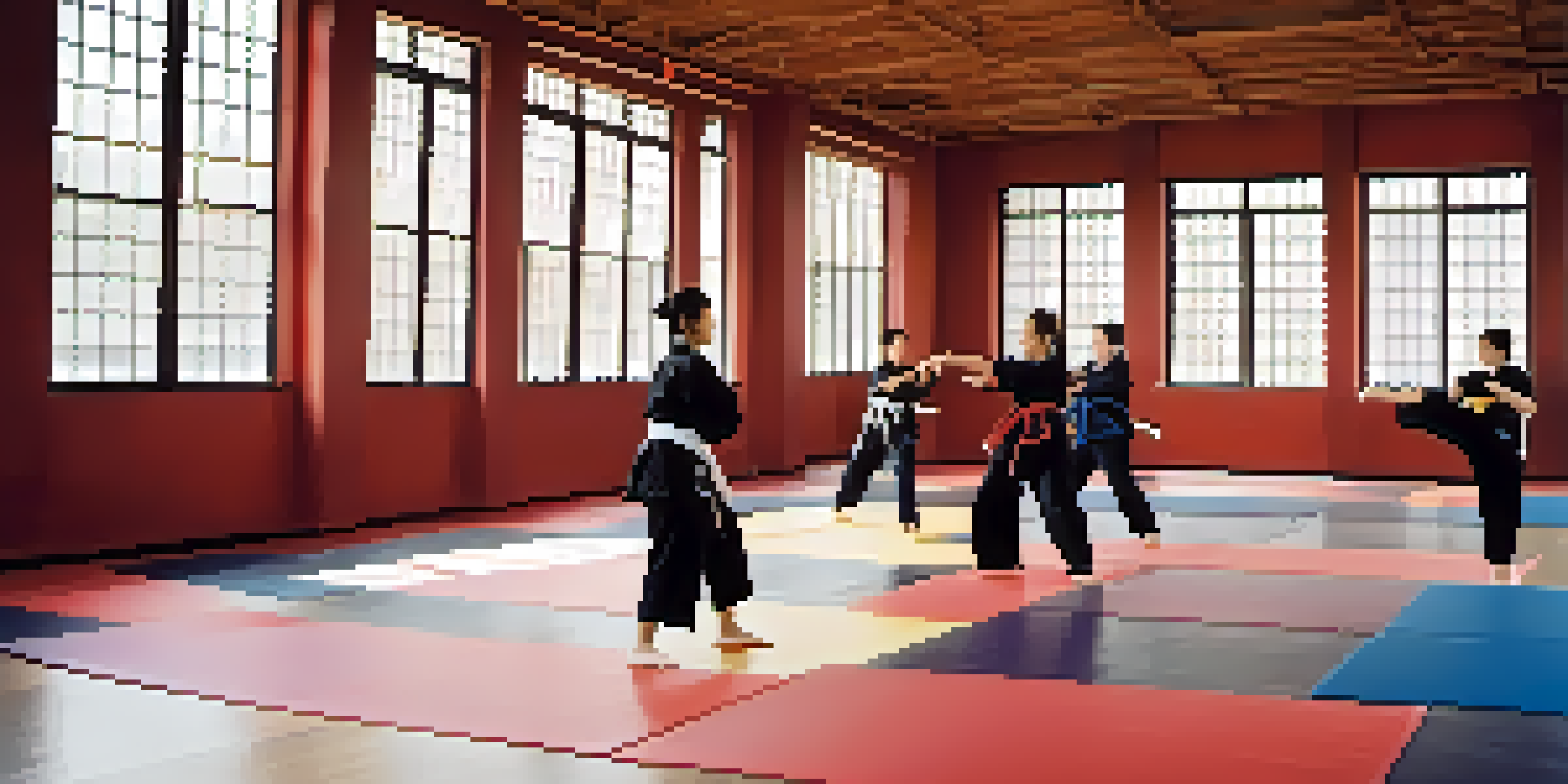 A diverse group of women practicing martial arts in a brightly lit dojo, showcasing their strength and determination.