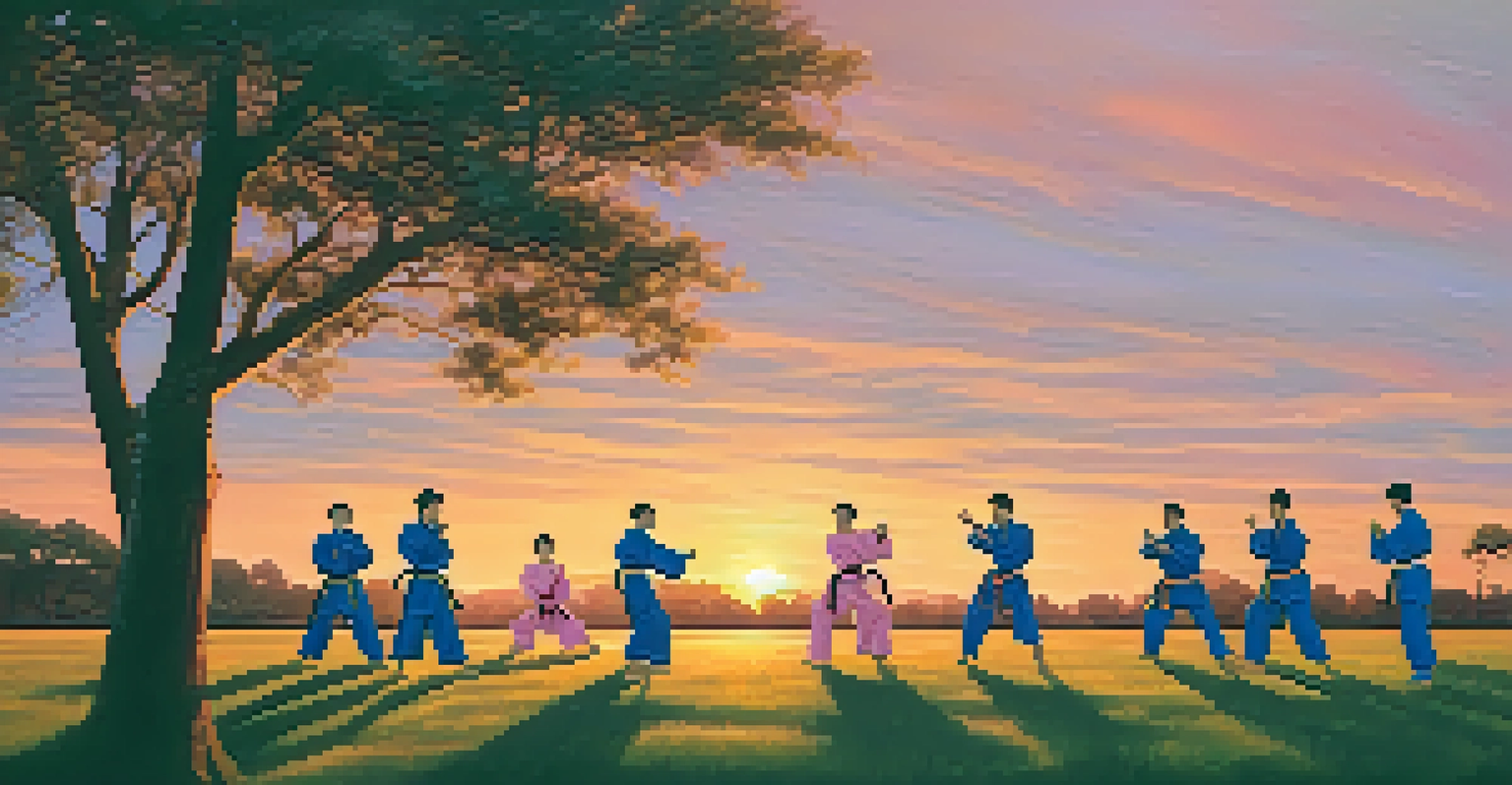 A group of martial artists practicing forms outdoors at sunset, creating a vibrant and harmonious scene.