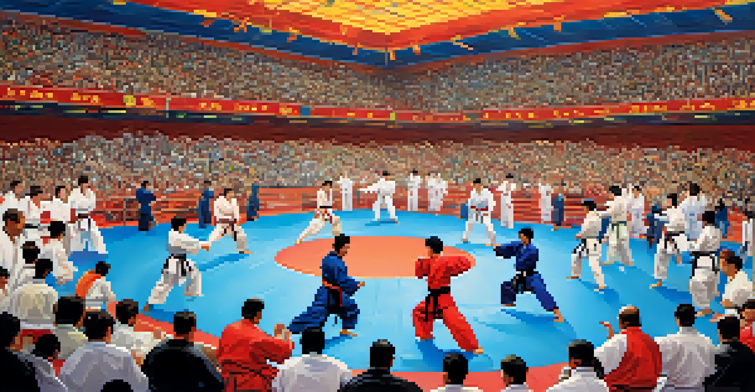 Competitors from various cultures showcasing their martial arts skills in a vibrant tournament setting.