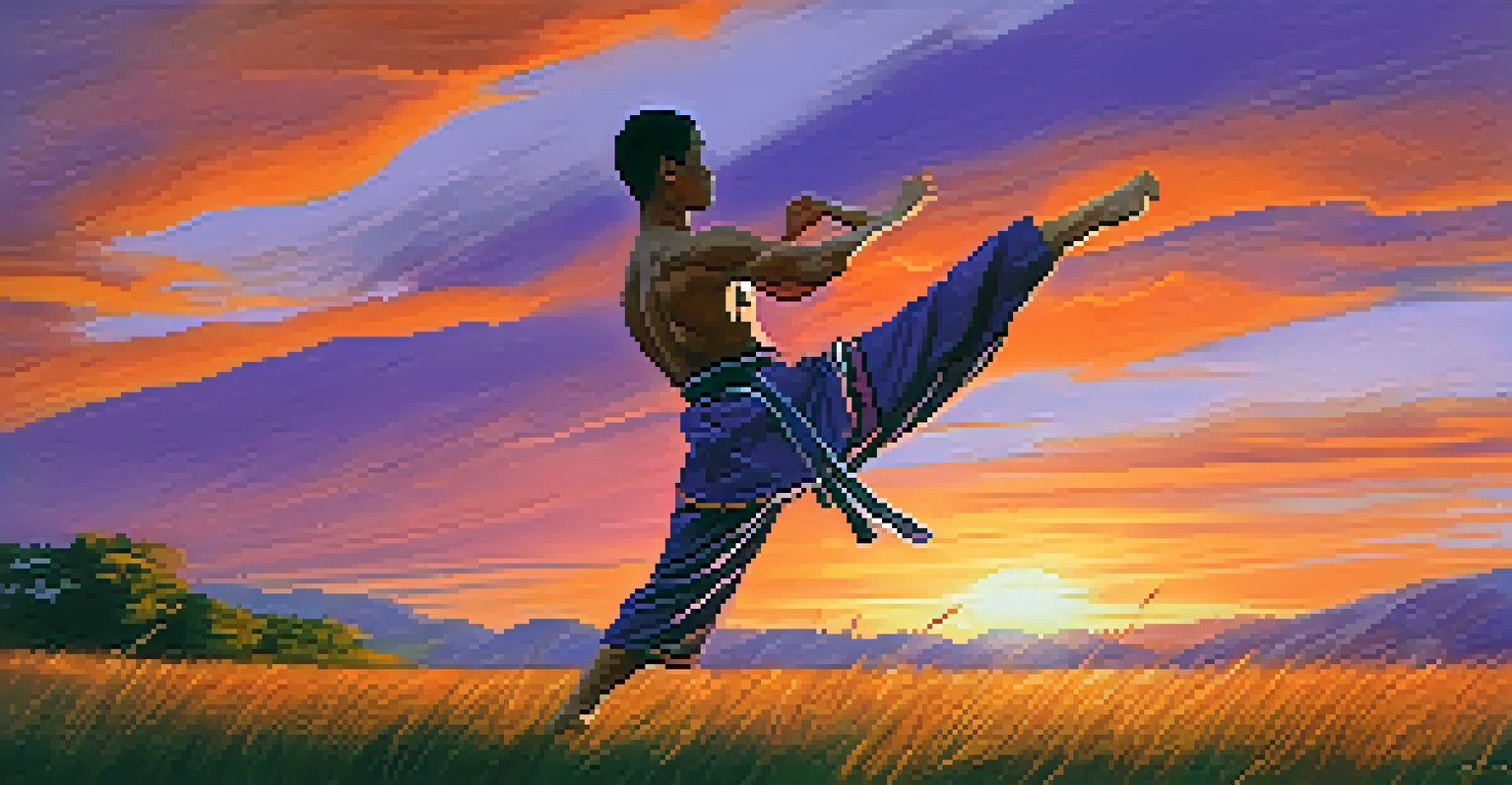 A martial artist performing a high kick silhouetted against a vibrant sunset, showcasing strength and empowerment.