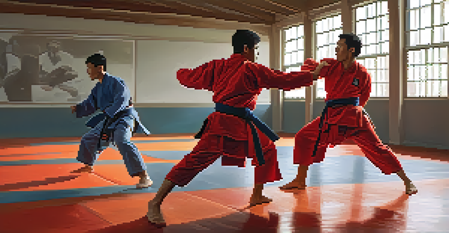 A group of Sambo practitioners sparring on a mat, showcasing their expressions of concentration and determination.