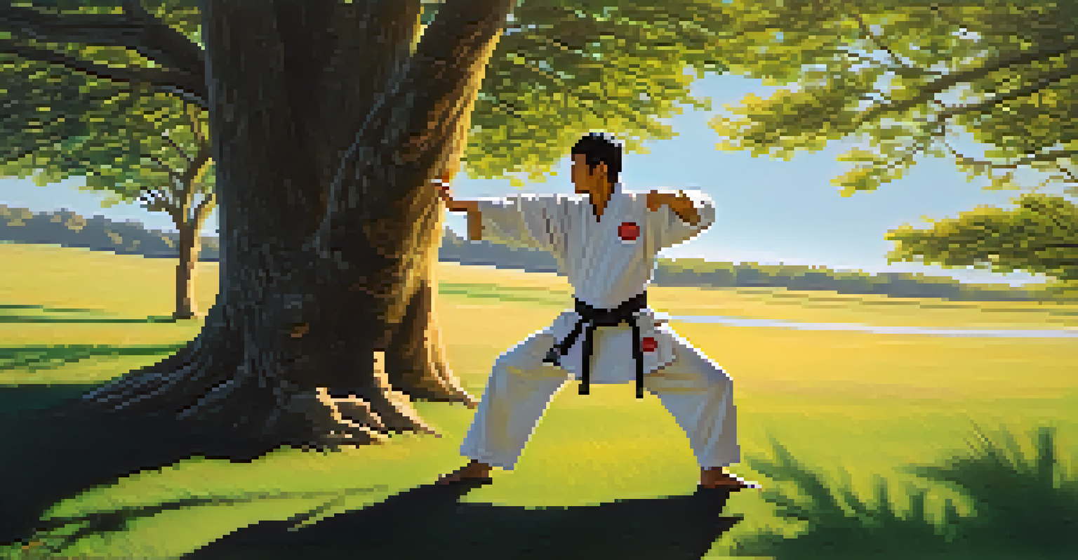 A martial artist striking mid-air outdoors during sunset, dressed in a colorful uniform with lush greenery in the background.