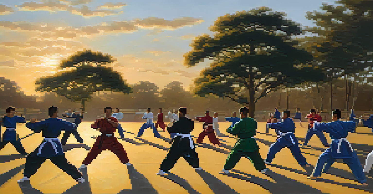 A diverse group of martial artists training outdoors at sunset, showcasing their movements and expressions of focus.