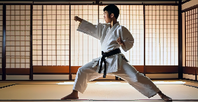 A young martial artist performing a high kick in a dojo filled with traditional Japanese decor and sunlight filtering through shoji screens.