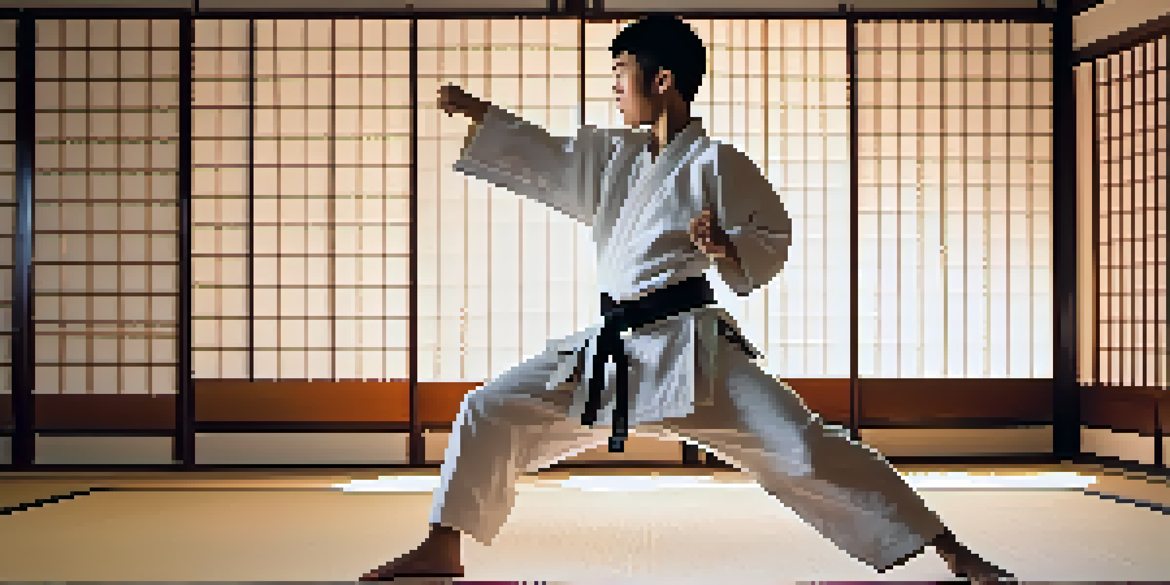 A young martial artist performing a high kick in a dojo filled with traditional Japanese decor and sunlight filtering through shoji screens.
