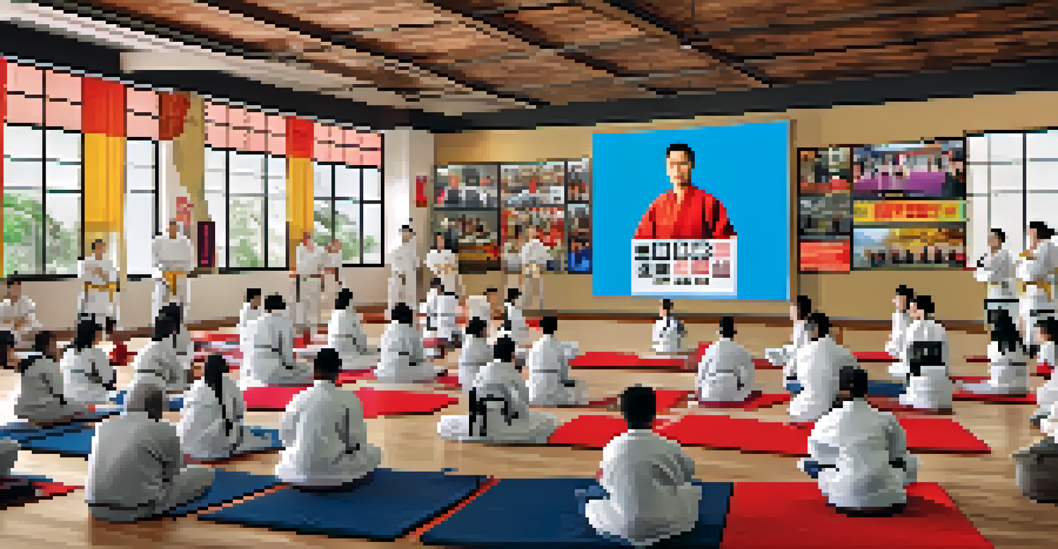 An online martial arts class featuring a diverse group of students and an instructor demonstrating techniques on a video call.