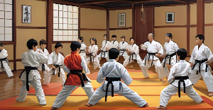 A diverse group of people practicing martial arts in a bright dojo, emphasizing teamwork and focus.