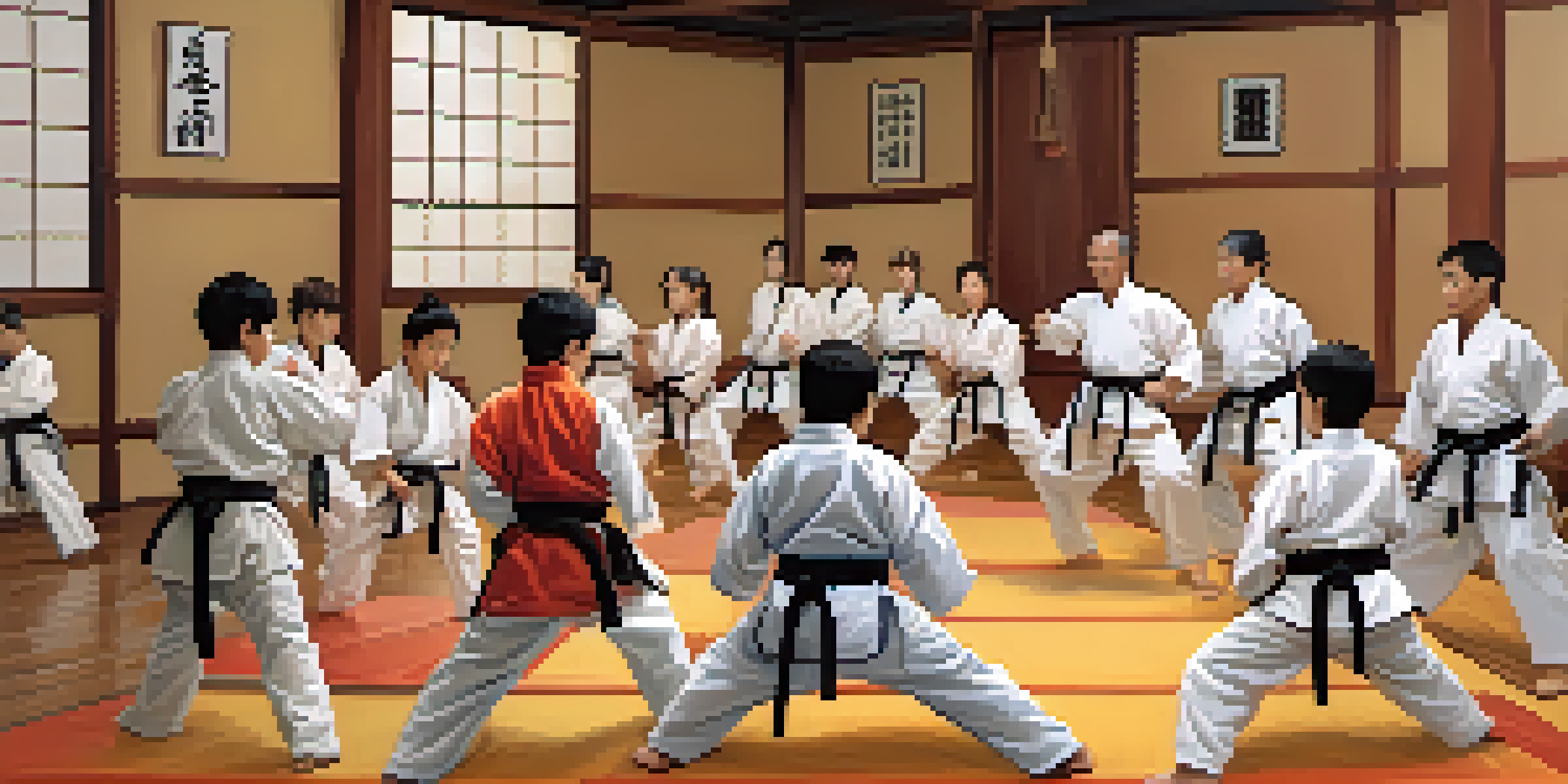 A diverse group of people practicing martial arts in a bright dojo, emphasizing teamwork and focus.